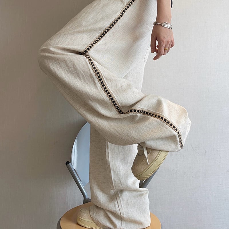 dannyandzeeリネン生成り水洗い加工テープデザインパンツ | mblueshop