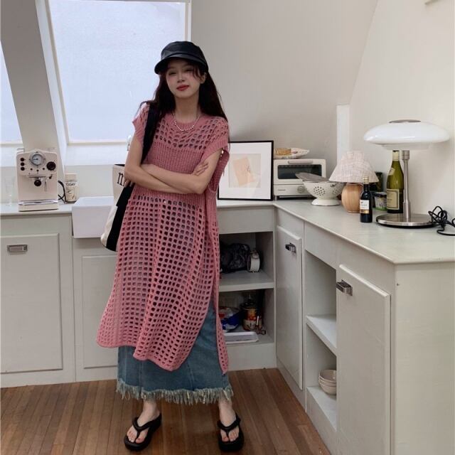 【予約販売】ワンピース ロング丈 レディース チュニック レース ピンク 半袖 チュニック 重ね着 透け感 レイヤード こなれ感 ワンピ 大人可愛い エレガント 韓国 旅行 春 夏 トレンド S/M/L/XL