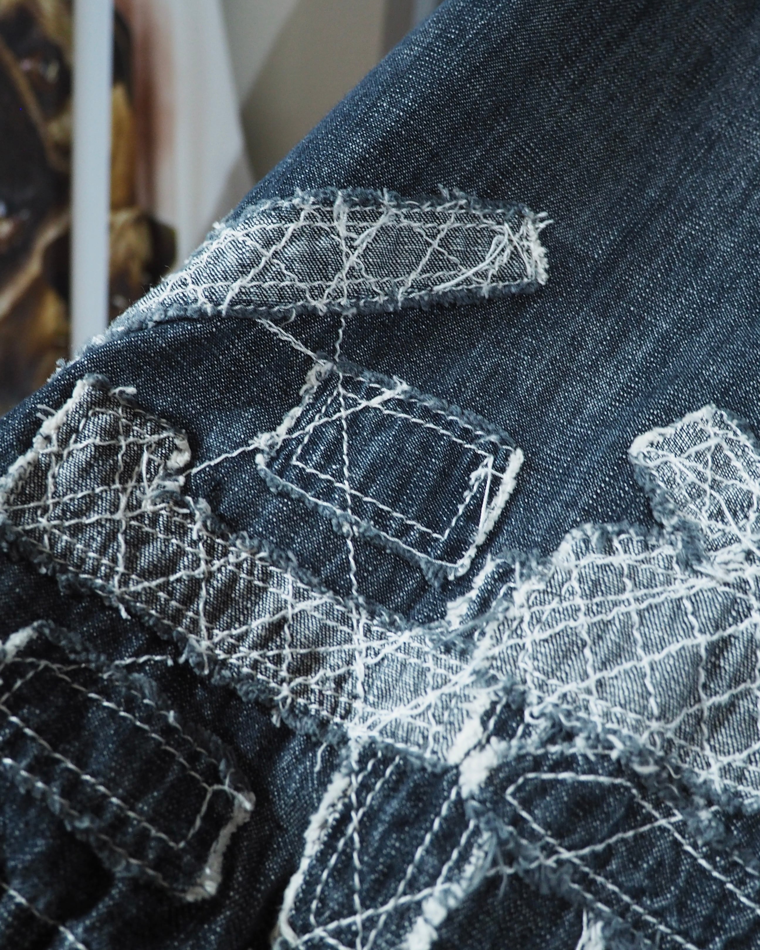 Random Patchwork × White stitch Embroidery vintage Indigo Denim Onepiece