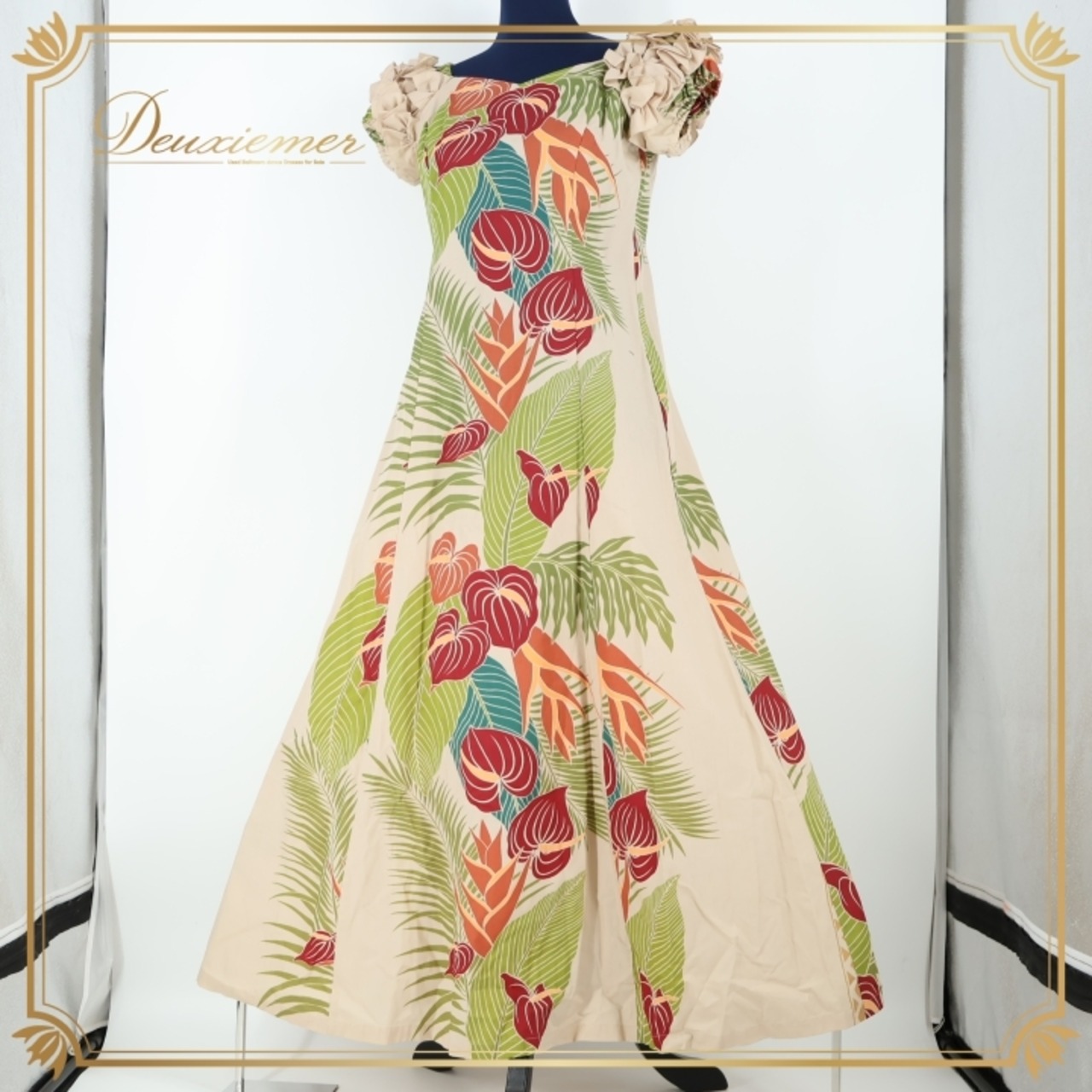 フラダンス 衣装 ワンピース ドレス ベージュ系 マーメイドライン ラウアエ柄 アンスリウム柄 ヤシ柄 リーフ柄 フラ ダンス 緑 赤 茶 MermaidLine MMJ エムエムジェイ 日本製 ハワイアン アロハ グリーン系 レッド系 オレンジ系 ブラウン系