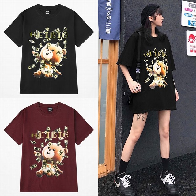 ユニセックス Tシャツ 半袖 メンズ レディース ラウンドネック お金をばら撒いてるクマちゃん ベアー プリント オーバーサイズ 大きいサイズ ルーズ ストリート TBN-620324568986