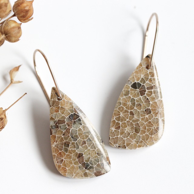 14kgf｜化石が描いた花模様｜フォッシルコーラル（化石珊瑚）のピアス