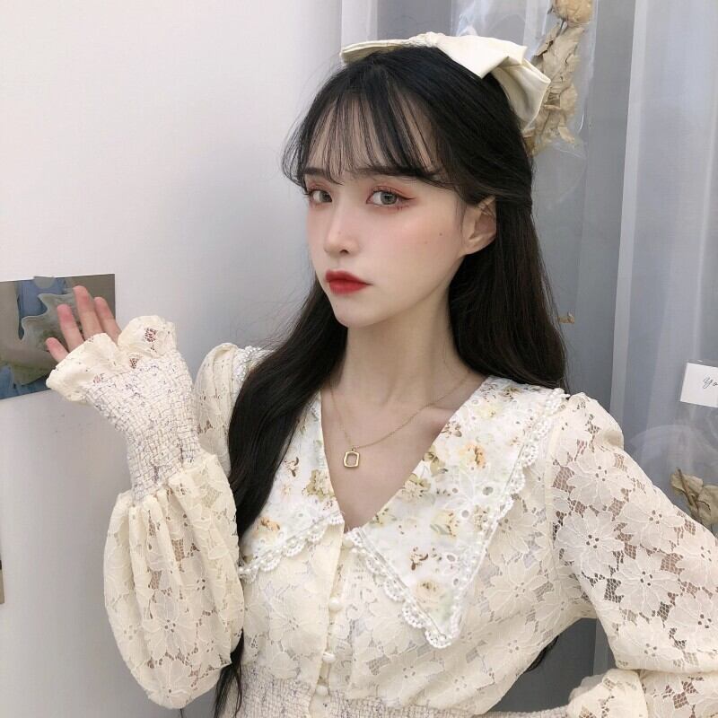 サイズが選択可) トップス シャツ ブラウス レース 長袖 襟付き