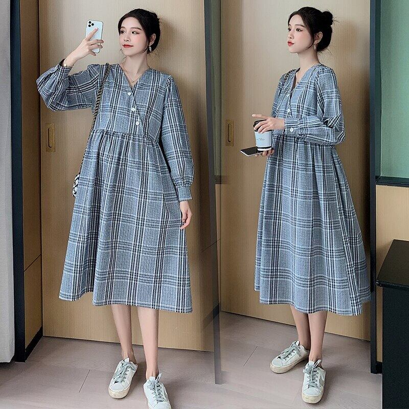 【新作】【送料無料】 5881＃2021春の格子縞のマタニティロングドレスゆったりとした服妊娠中の女性かわいい妊娠中のドレス 大人ガーリー スウィート キュート カジュアル スプリング 春物 AL expec426809404235