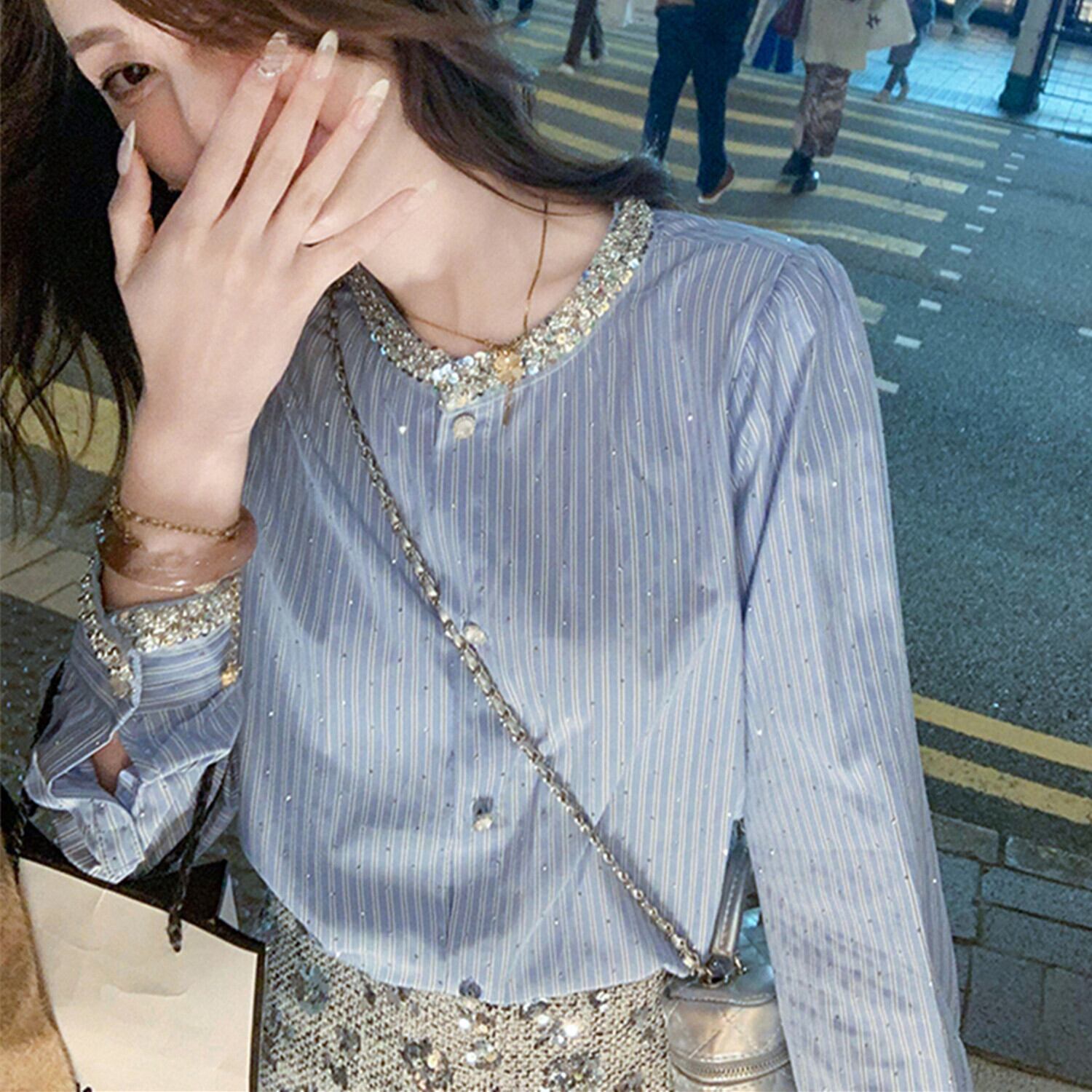 【tops】ラインストーンスパンコール付きシャツ N2967