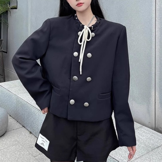 Tweed Cropped Blazer Jacket with Metal Double-Breasted Buttons (ME226)