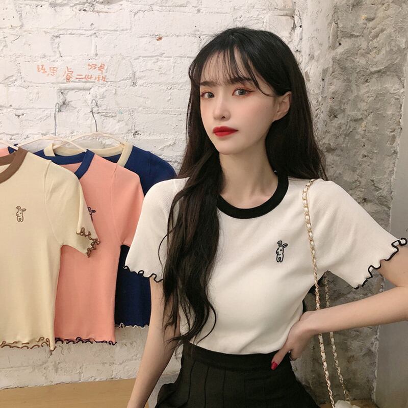 レッドショートTシャツ サマースリムニットトップス 夏物 試着室66248374129