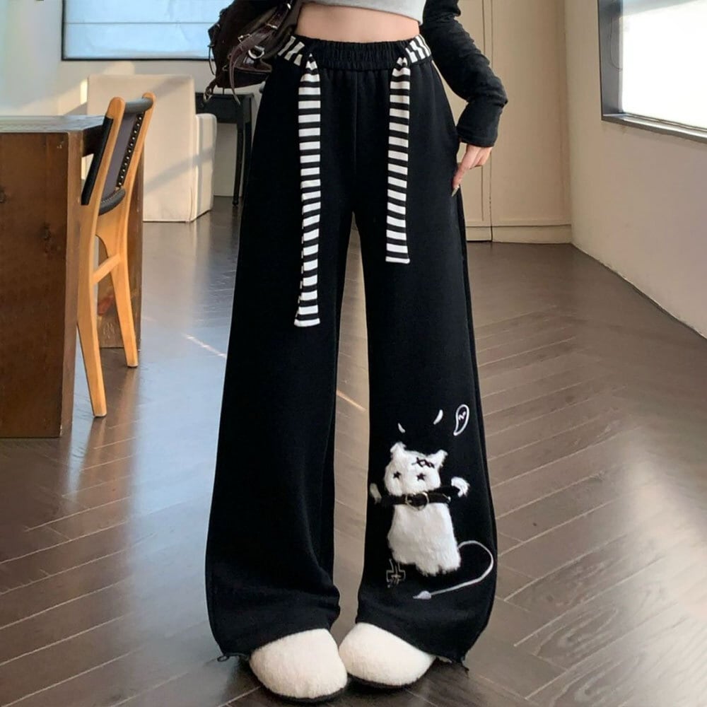 【送料無料】 ワイドパンツ 猫柄 スウェット レディース 春夏秋 韓国 ダンス衣装 スポーツ 大人 カジュアル かわいい ストリート ハイウエスト リラックス アメカジ ゆったり おしゃれ 大人可愛い 大人女子