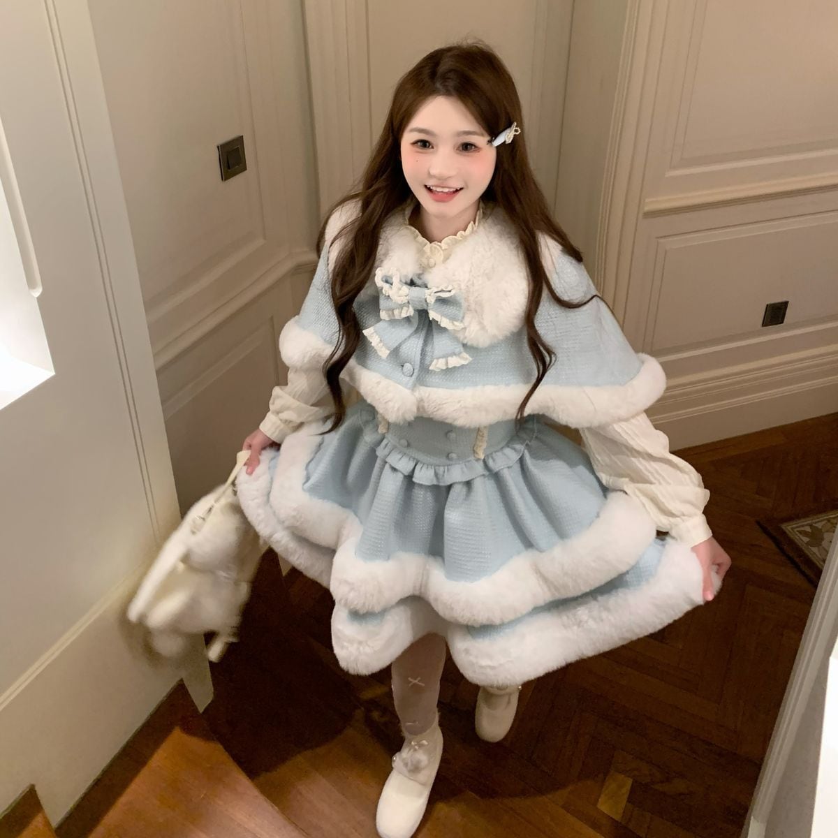 ファートリムケープ付きガーリージャンパースカートセットアップ：JSK+