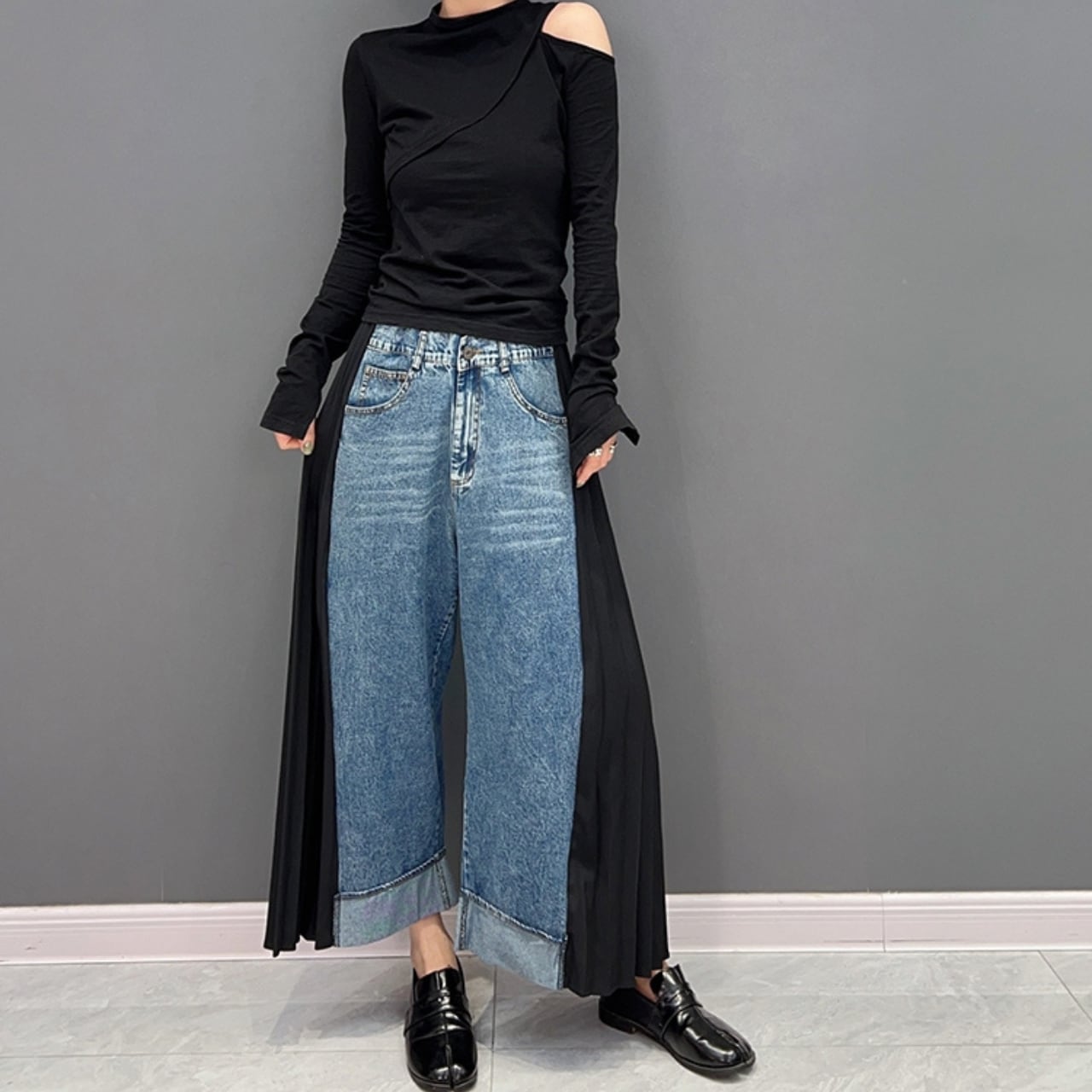 ハイウエストプリーツ切替デザインデニムワイドパンツR1135