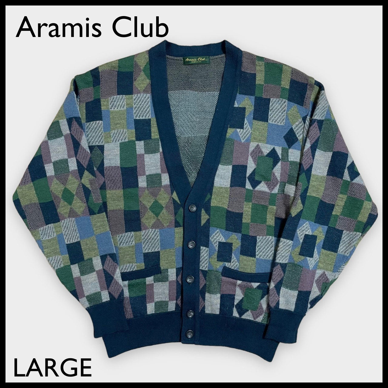 【Aramis Club】日本製 カーディガン 柄物 柄ニット 柄カーディガン L チェック ボックス マルチカラー くすみカラー ウール レトロ 古着