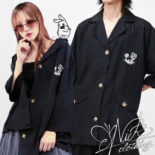 《8/23日〜25日限定SPECIAL PRESENT》刺繍入りMARBLE BUTTON WIDE SUMMER SHIRT【BLACK】