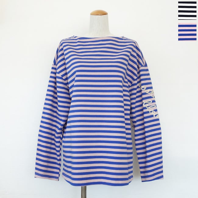 WHYTO. (ホワイト) カットソー ボートネック ボーダー ロゴ 袖タック loose stripe tops WHT26HCS4008