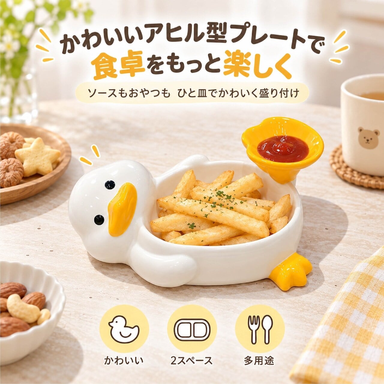 J220.【予約販売】アヒル型プレート 陶器製 仕切り皿 ミニプレート