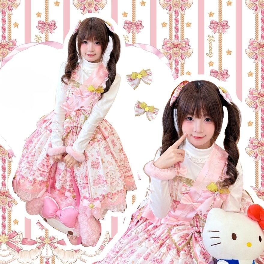 お菓子×くま柄の甘ロリジャンパースカート｜星リボン付きスウィート