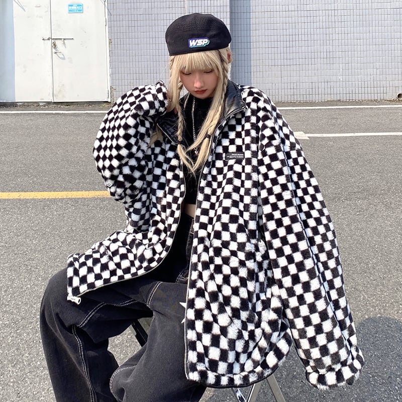 即納 サブカル系 リバーシブルジャケット PUレザー チェック柄