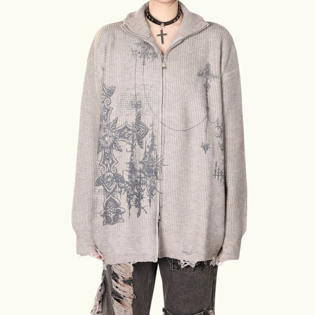 Cross Print High Neck Cardigan E6525