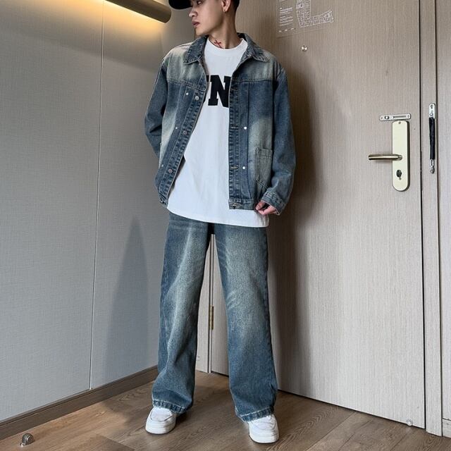 【予約販売】メンズ セットアップ メンズ デニム カジュアル ウォッシュ加工 ブルー Gジャン こなれ感 韓国 春 トレンド M/L/XL/2XL