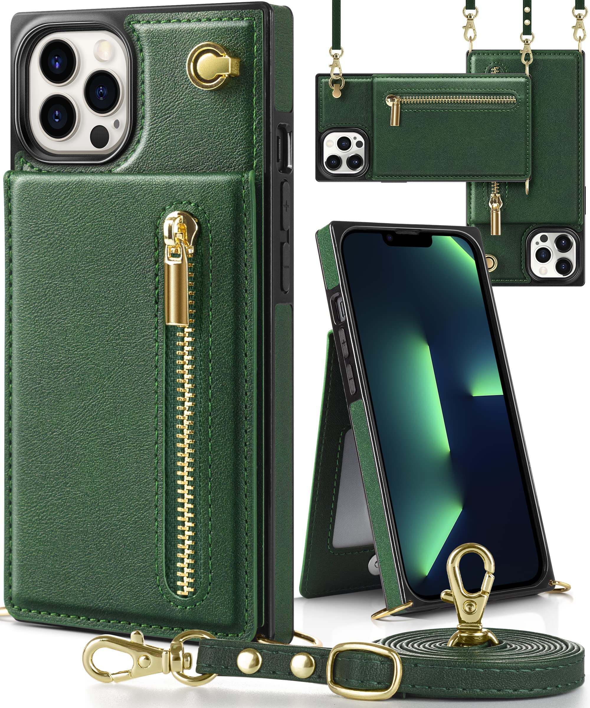 YIHARA iPhone 13 Pro 用 ケース 手帳型 ショルダー いPhone13 Pro カバー 背面カード収納 小銭入れ 財布型 アイフォン13 プロ 携帯ケース 肩掛け ストラップ付き 長さ調整可能 人気 スマホケース PUレザー スタンド機能 女性 グリーン