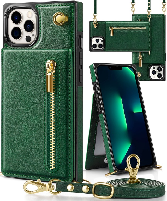 YIHARA iPhone 13 Pro 用 ケース 手帳型 ショルダー いPhone13 Pro カバー 背面カード収納 小銭入れ 財布型 アイフォン13 プロ 携帯ケース 肩掛け ストラップ付き 長さ調整可能 人気 スマホケース PUレザー スタンド機能 女性 グリーン