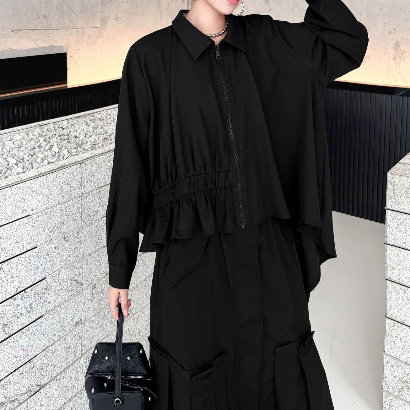 ジップアップ ギャザー アシンメトリー シャツ 1color JK0351