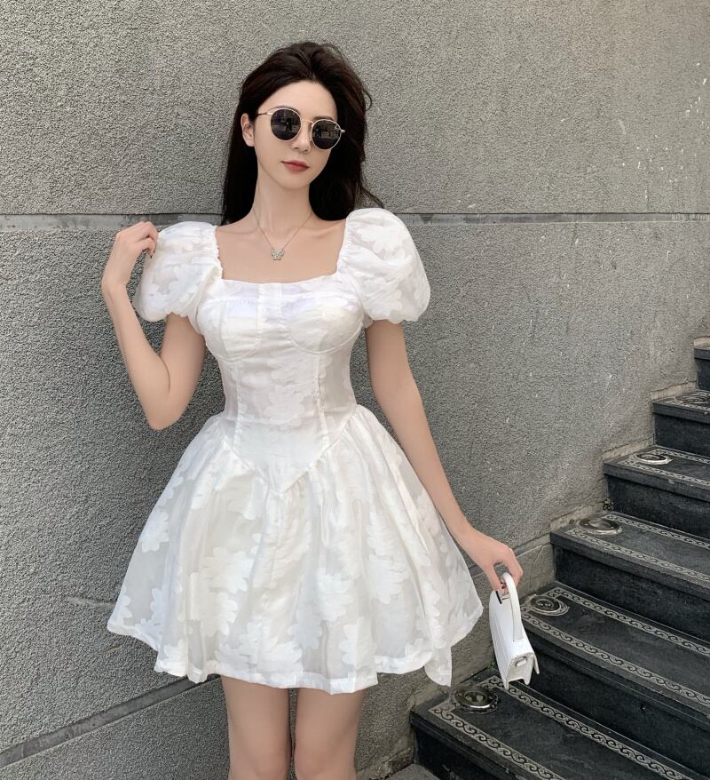 スタンダードカラーホワイトAラインスカート サマーハイウェストウェストスリーブドレス レトロ 夏物 スクウェア ガールズファッション64528300900