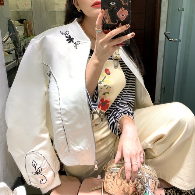 flower embroidered satin blouson J00182