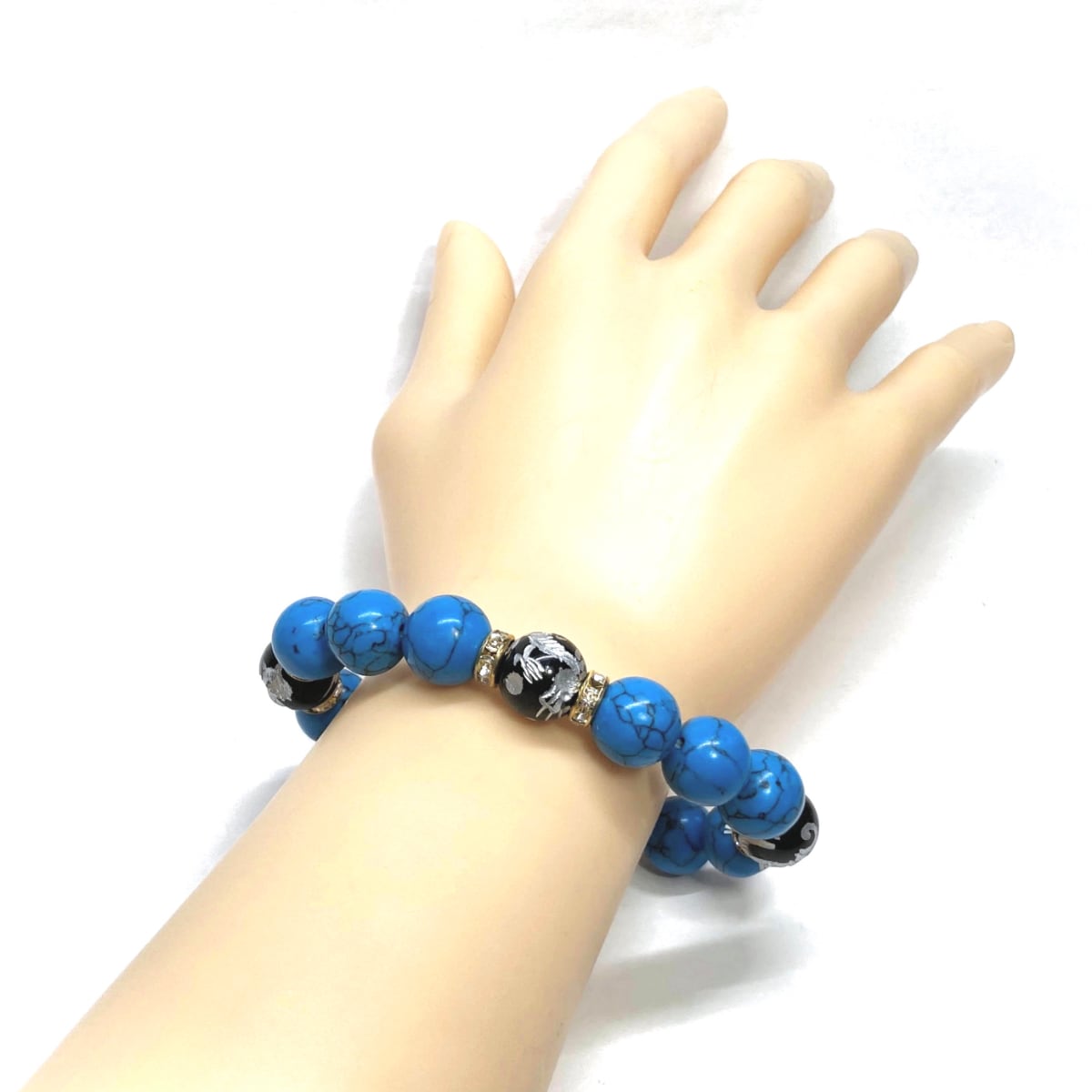 12mm 四神獣銀彫オニキス×ターコイズ パワーストーン ブレスレット