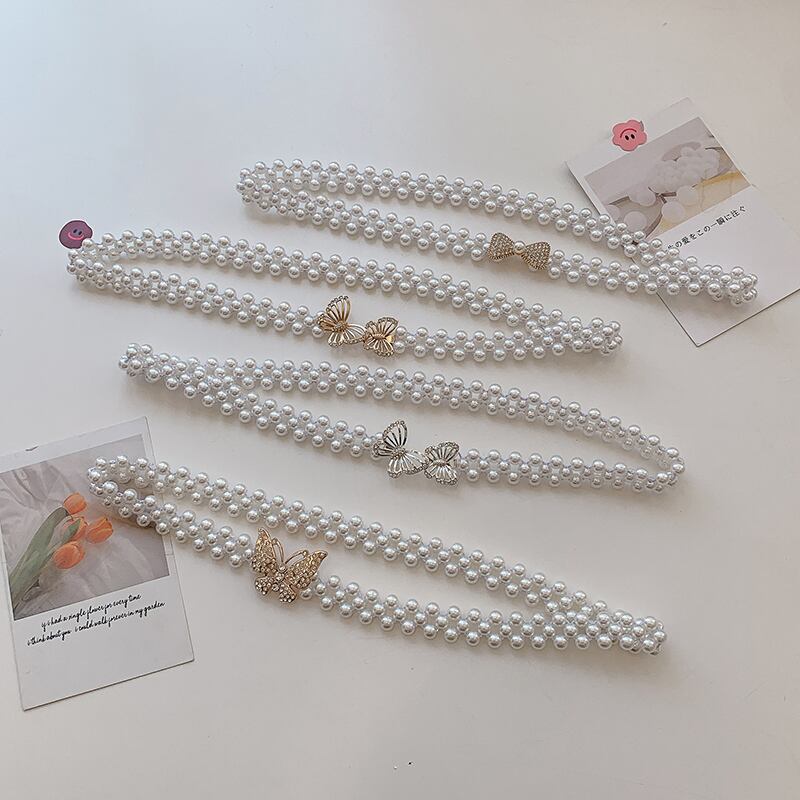 ドレス ベルト 薄手パールウェストチェーン スカート サマーストレッチ エラスティック 伸縮 夏物 ハーネス 真珠 ブラック・アイド・ピーズ12457330108