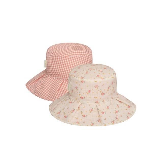 T2300W-1-Tiny Blossom Pleated Reversible Sun Hat 3-6 Years-WHITE