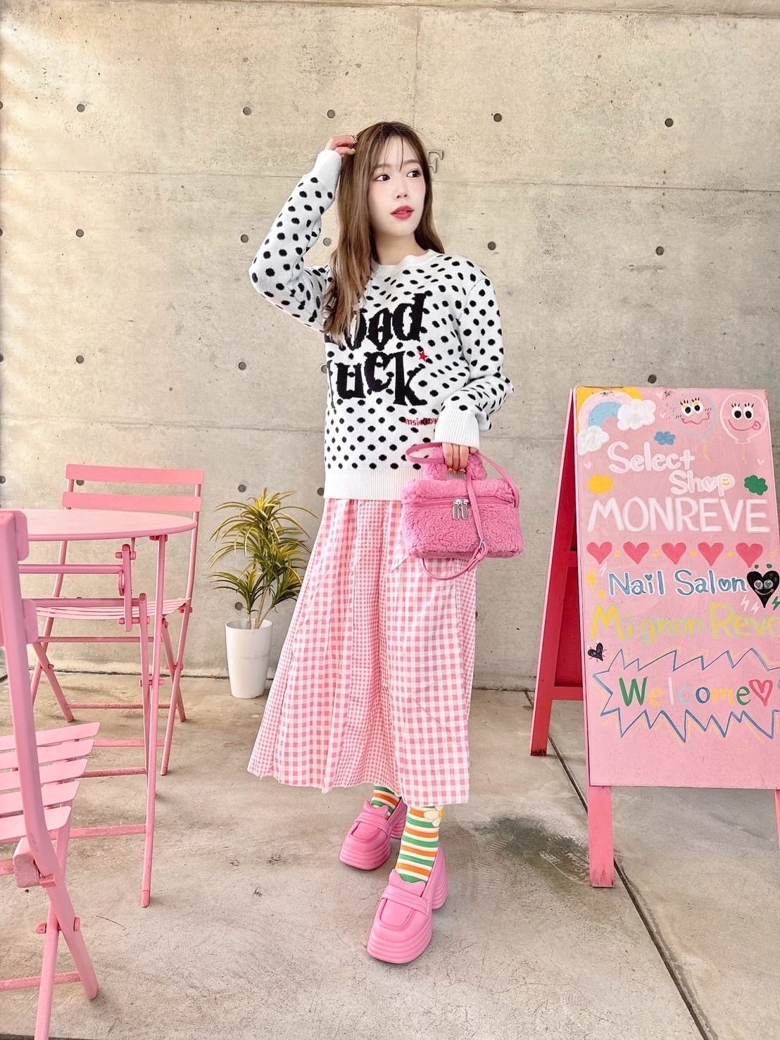 ピンクギンガムチェックフレアスカート/レディースファッション/韓国