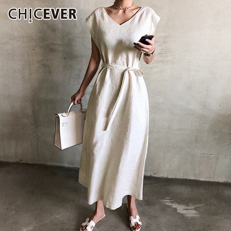 CHICEVERストライプドレス女性Vネックタンクノースリーブウエストレースアップチュニックスプリットマキシサマードレス2020服 夏物 6base574217380600