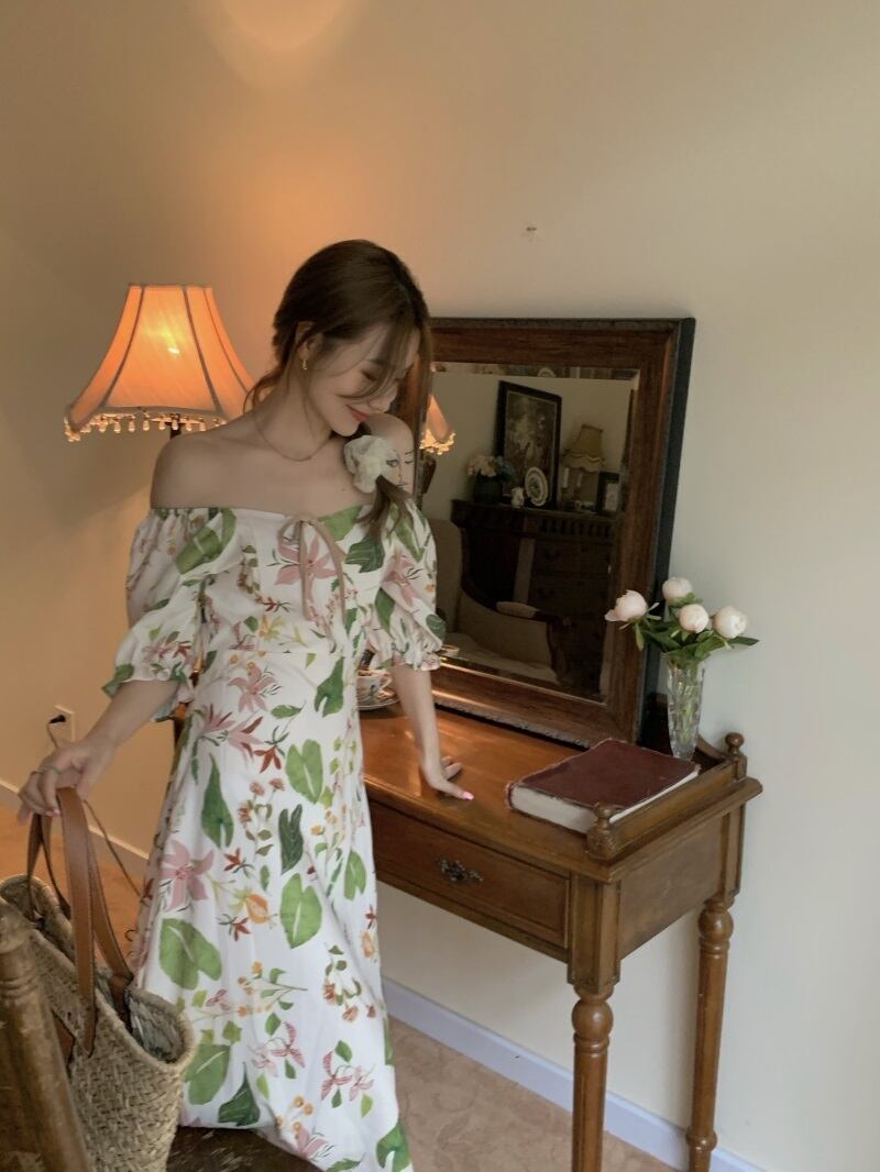 スリムシフォンフローラルドレス サマーカラーハイウェストウェストスカート 夏物 花柄 スクウェア モンロー9261371577