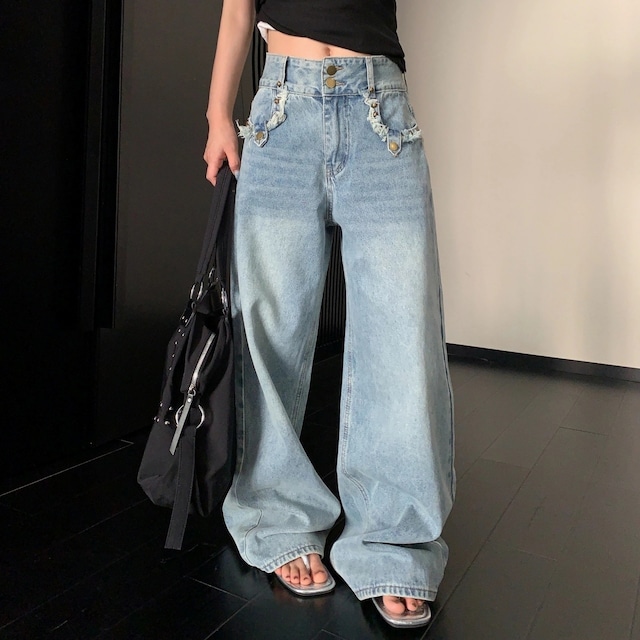ダメージライクフラップポケットワイドデニムパンツ 1col R02442