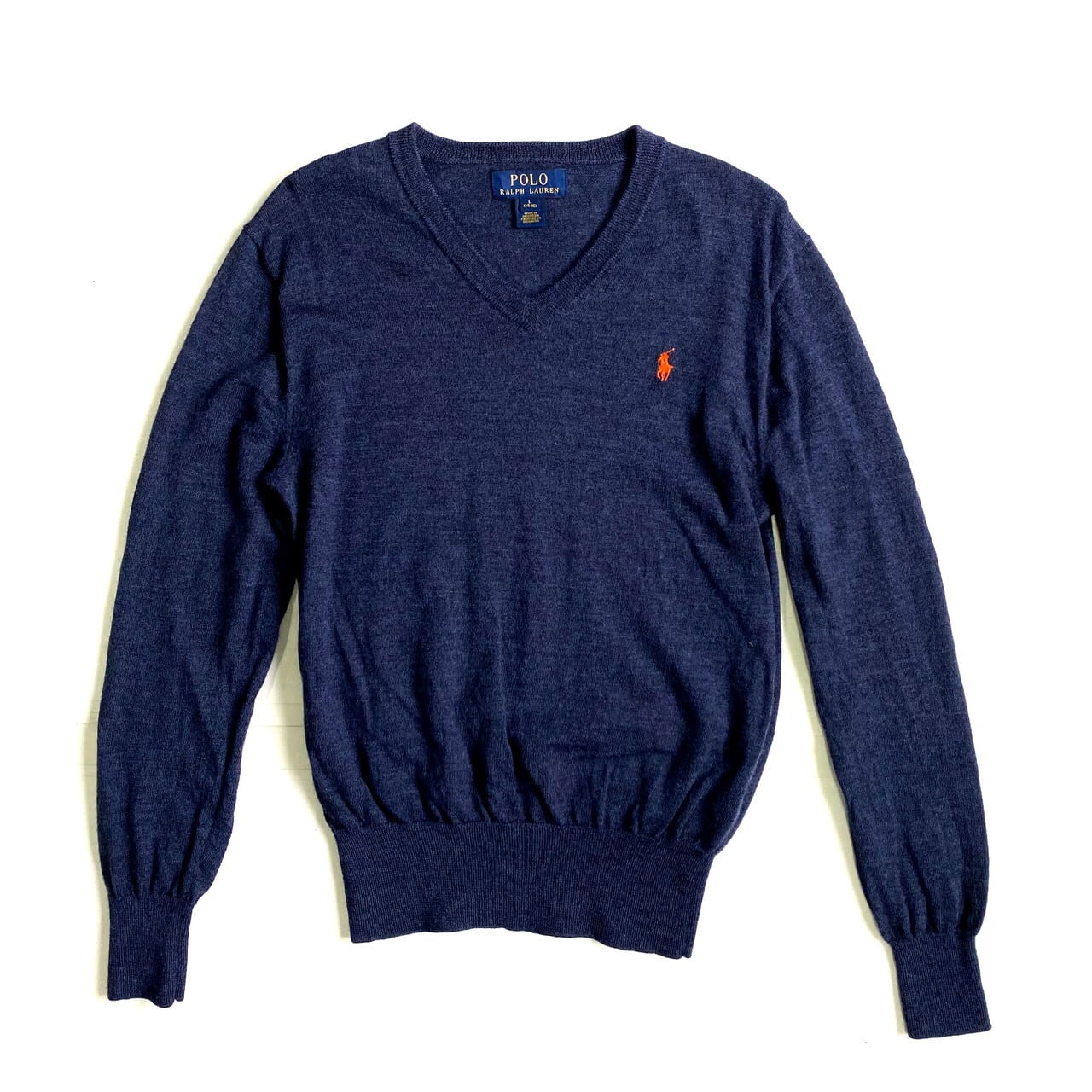 Polo Ralph Lauren ポロ ラルフローレン Vネック ウールニットセーター ボーイズL レディースS相当 古着 ネイビー 紺色  ワンポイントロゴ刺? 薄手 【ニットセーター】【AL2110】 | cave 古着屋【公式】古着通販サイト