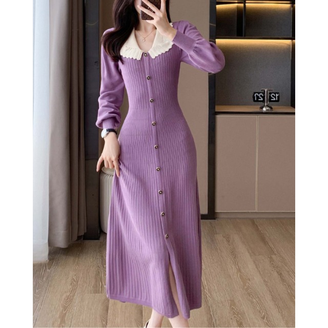 Purple Knit Dress Contrast Collar Button Front 30030