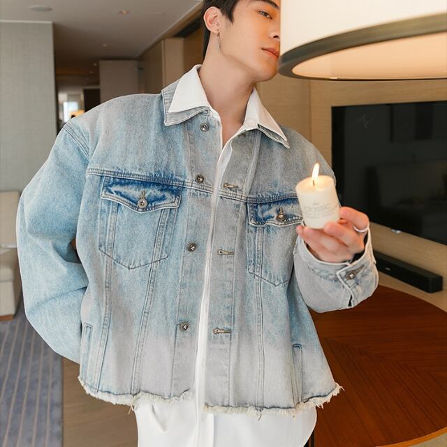 【予約販売】ブルゾン アウター ジージャン デニム 切りっぱなし ショート丈 ブルー ジャケット メンズ お洒落 こなれ感 カジュアル ベーシック 秋 春 大きいサイズ M/L/XL