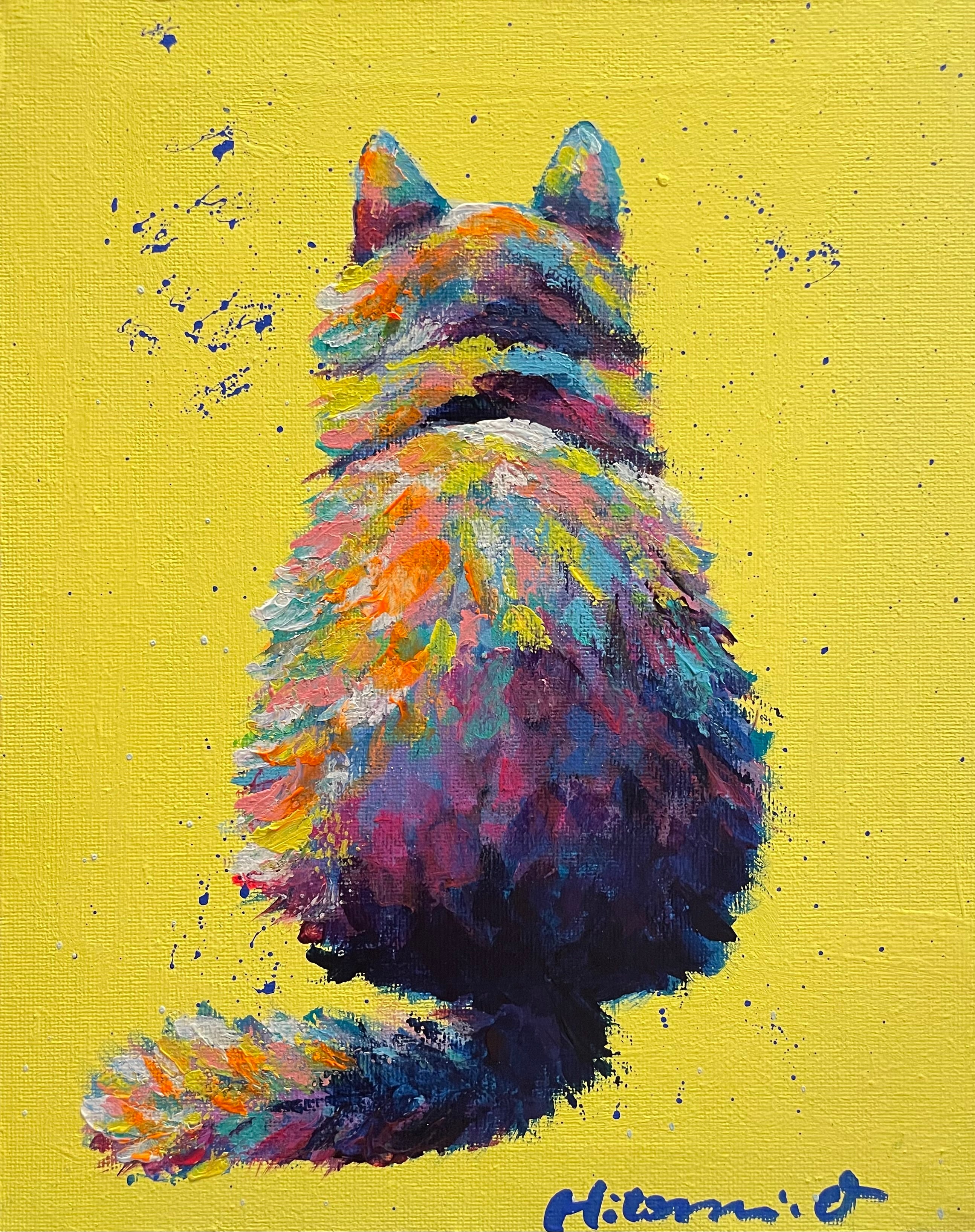 A-117/26】原画 絵画 動物画 猫 カラフル 27.3×22cmキャンバス 真作