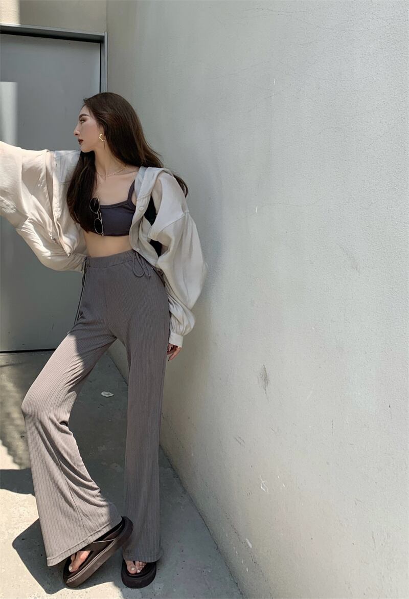 ストライプカジュアルパンツ レディースルーズサマー薄手 レッド 夏物 ブラックストロベリース97375970486