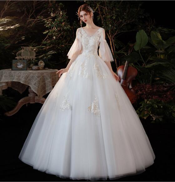 美品！ウエディングドレス ホワイト ソフトチュール パフスリーブ 花柄