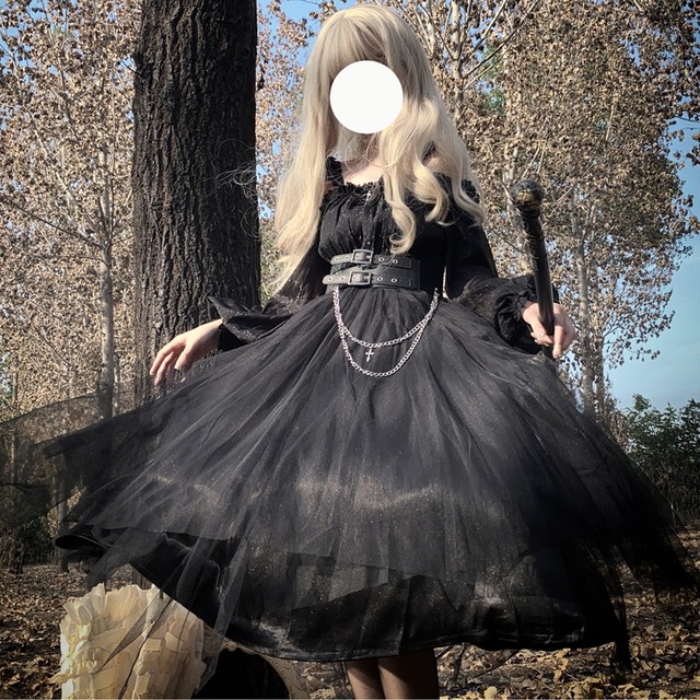 サブカル 服 地雷系 通販 ロリータ クラロリ ワンピース ロング レース ウエストベルト付き dark ゴシック 十字架 闇かわいい ロリィタ  コンカフェ イベント
