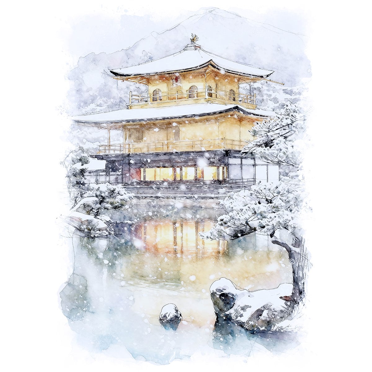 絵画(風景画) 日本 冬の京都 雪が降る金閣寺 インテリアアート額付き