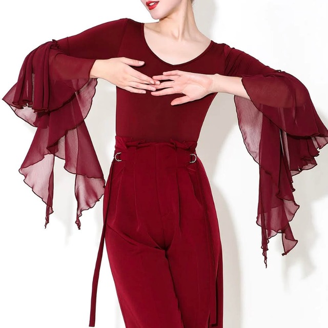 フレアスリーブ Vネック タイト レオタード トップス 2col D00581