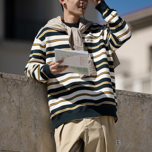 【Bellken】Striped Round Neck Sweater（ストライプ ラウンドネック セーター）