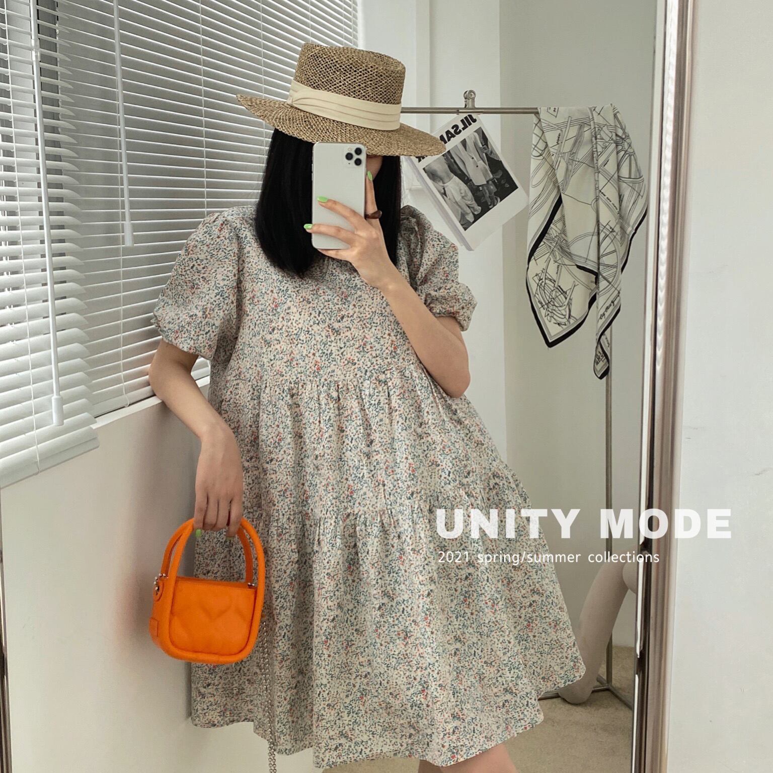 スカート ドレス サマーショートプリーツ薄手ラウンドネック半袖スリーブAラインフローラル ハーフスリーブ 夏物 花柄 Oネック ステッチ ビッグFスモールZ韓国54250899288