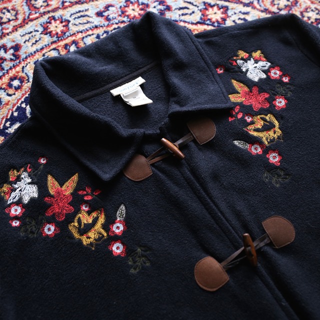 flower embroidery wide silhouette fleece duffle coat