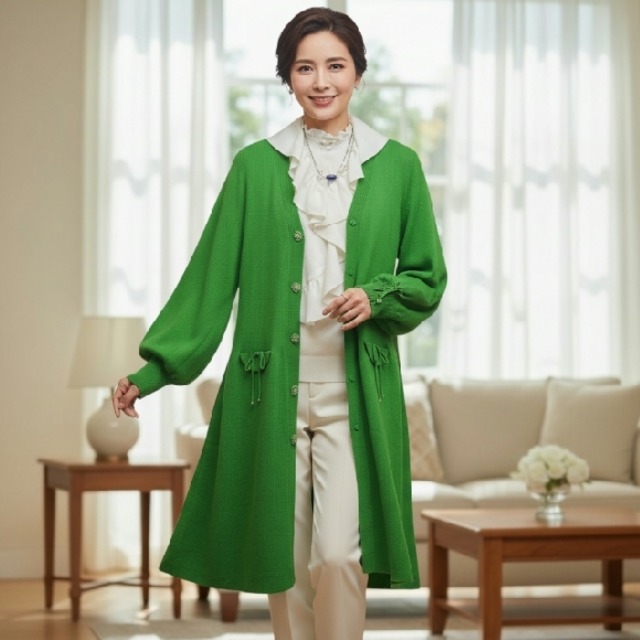 スーパービューティー カーディガン 前立てビジュー リブ編み Vネック 2421035 グリーン 2024秋冬 オーラボー 大人かわいい服 大人スタイル キレイメ Super Beauty レディース アパレル 女性 M L LL 30代 40代 50代 60代