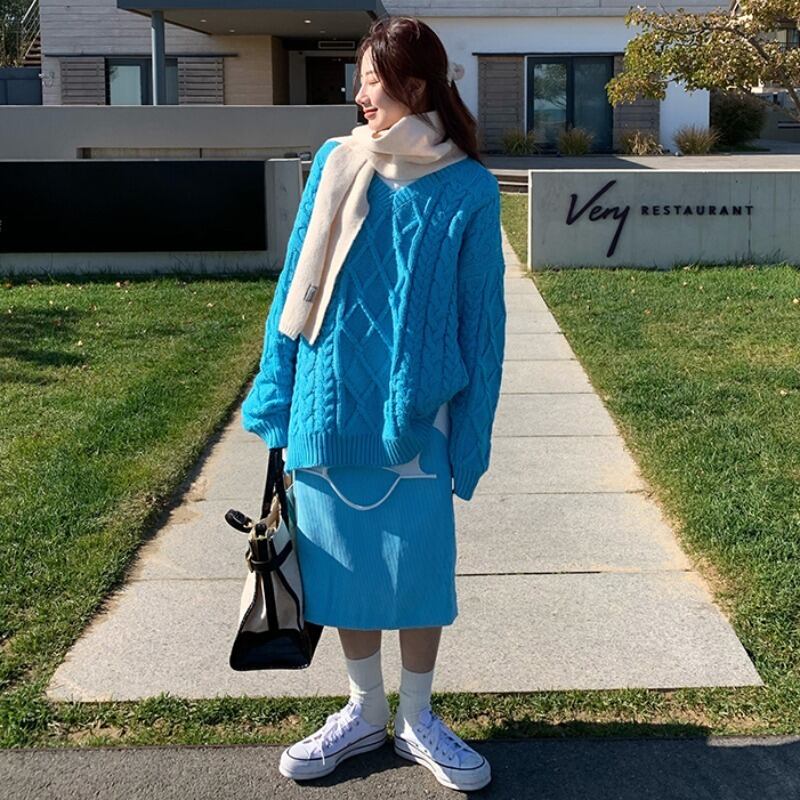 ブルーセーター スプリングルーズスタイルVネックニットトップス ロング 春物 YY-ファッション9394052394