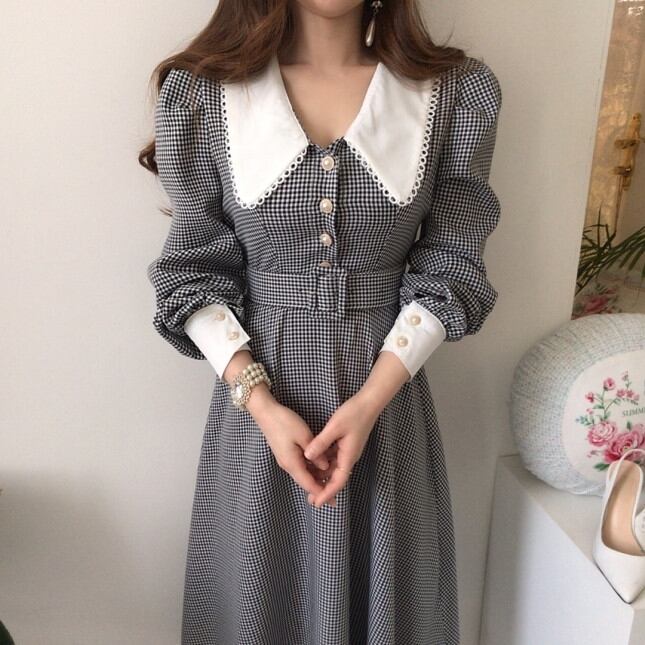 ワンピース レディース 大振り襟 チェック柄 Aラインワンピース 冬 長袖 チェック ギンガムチェック ロングワンピース パフスリーブ ラペル パワーショルダー シック 黒 白 ブラック ホワイト 大人女子 プリンセス ウエストマーク ハイウエスト 通勤 通学 デート 脚長効果 美脚効果 送料無料 ベルト付き レトロ ボタン ビック襟 量産型 ロング丈 長袖 韓国 フェミニン エレガント 可愛い 大人可愛い 上品 清楚 お呼ばれ 女子会 パーティー S M L 安い プチプラ
