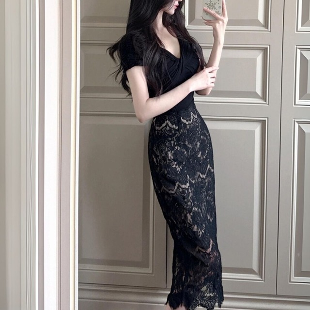 Lace Sleeveless Tight Skirt Setup　　V2885